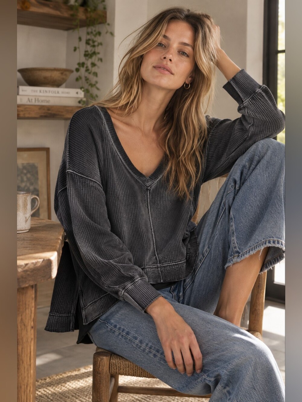 Pilcro Anthropologie Waffle Knit V-Neck Top M Black Long Sleeve Cotton Stretch